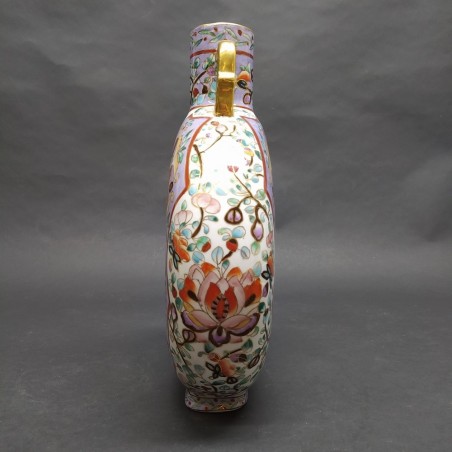 Vaso orientale a fiasca in ceramica decorato floreale policromo anni 70