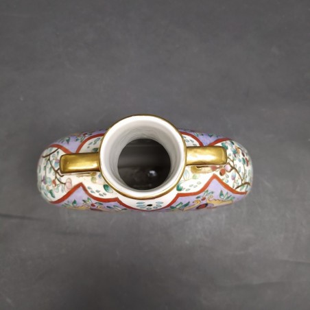 Vaso orientale a fiasca in ceramica decorato floreale policromo anni 70