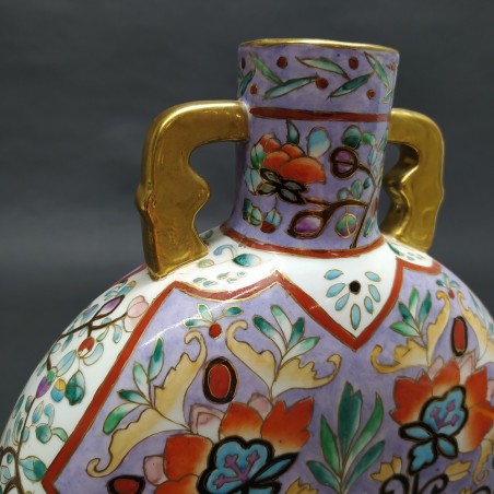 Vaso orientale a fiasca in ceramica decorato floreale policromo anni 70