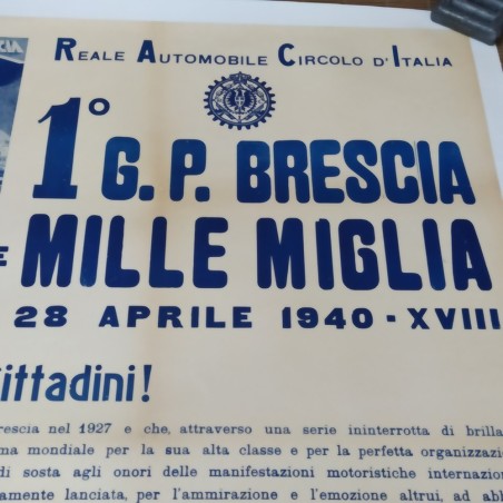 Manifesto originale 1° G.P. Brescia Mille Miglia 1940 telato non incorniciato