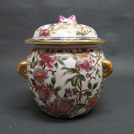 Vaso orientale in ceramica decorato con motivo floreale policromo anni 60/70