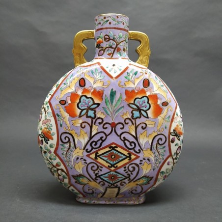 Vaso orientale a fiasca in ceramica decorato floreale policromo anni 70