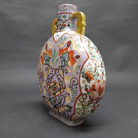 Vaso orientale a fiasca in ceramica decorato floreale policromo anni 70