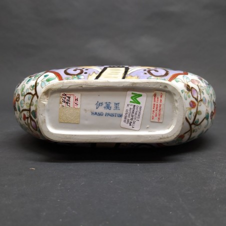 Vaso orientale a fiasca in ceramica decorato floreale policromo anni 70