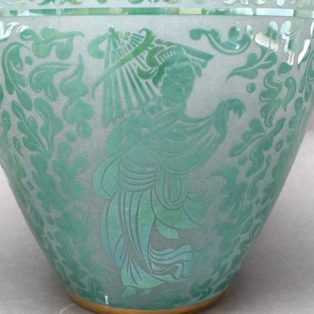 Grande vaso/urna in vetro con coperchio, decorato con motivi inciso-satinato