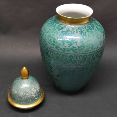 Grande vaso/urna in vetro con coperchio, decorato con motivi inciso-satinato