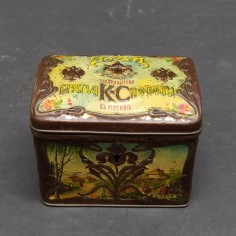 Scatola tè russa Popov Mosca latta litografata Art Nouveau 1900 ca.