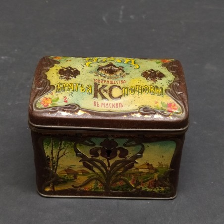 Scatola tè russa Popov Mosca latta litografata Art Nouveau 1900 ca.
