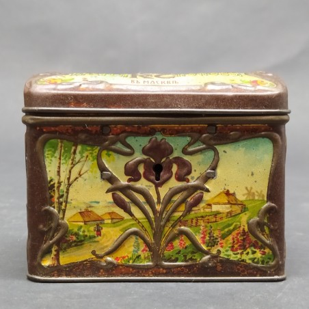 Scatola tè russa Popov Mosca latta litografata Art Nouveau 1900 ca.