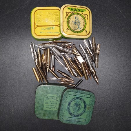 Lotto 100 pennini vintage con 3 scatole latta pubblicitarie d’epoca anni 30/40
