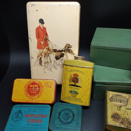 Lotto di 19 scatole di latta vintage, farmaceutiche cosmetiche cancelleria