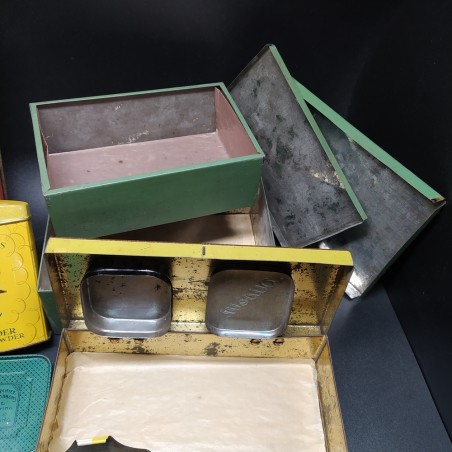 Lotto di 19 scatole di latta vintage, farmaceutiche cosmetiche cancelleria