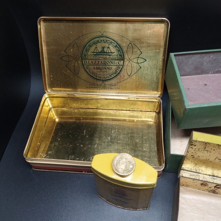 Lotto di 19 scatole di latta vintage, farmaceutiche cosmetiche cancelleria