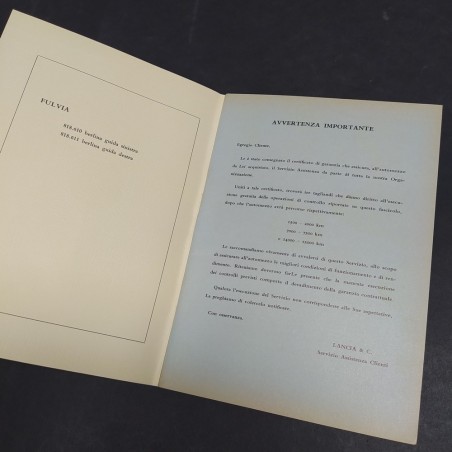 Libretto uso e manutenzione auto Lancia Fulvia, 1° ed. 1969. Pagine incollate