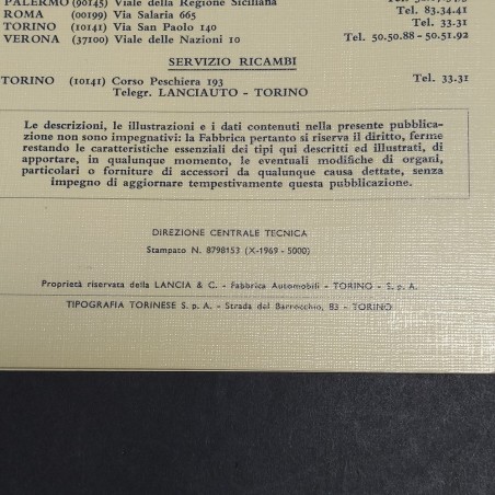 Libretto uso e manutenzione auto Lancia Fulvia, 1° ed. 1969. Pagine incollate