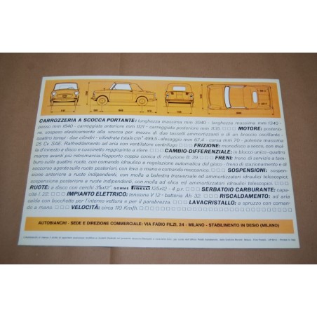 BROCHURE AUTO BIANCHINA AUTOBIANCHI CABRIOLET 3 PAG. UP 6512 NUOVO