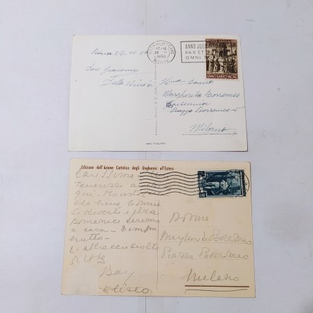 Lotto di due cartoline illustrate con Pio XII indirizzate alla Famiglia Borromeo