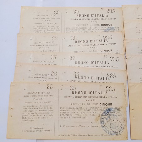 Lotto di 10 ricevute da 5 Lire per conciliazione contravvenzione circolazione