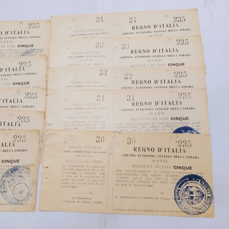 Lotto di 10 ricevute da 5 Lire per conciliazione contravvenzione circolazione