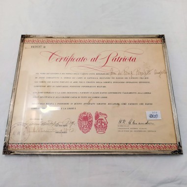 Certificato di Patriota BERTELLI ANGELO in cornice metallica e vetro 24,5x30 cm