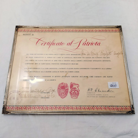 Certificato di Patriota BERTELLI ANGELO in cornice metallica e vetro 24,5x30 cm