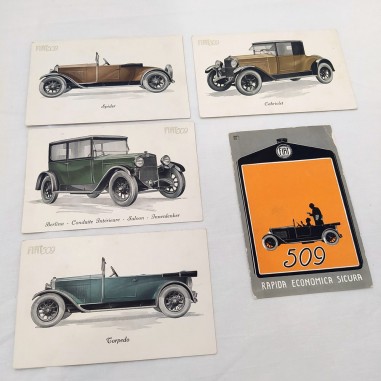 Lotto di 5 cartoline pubblicitarie originali FIAT 509 varie versioni anno 1925