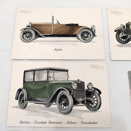 Lotto di 5 cartoline pubblicitarie originali FIAT 509 varie versioni anno 1925