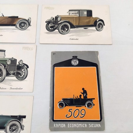 Lotto di 5 cartoline pubblicitarie originali FIAT 509 varie versioni anno 1925