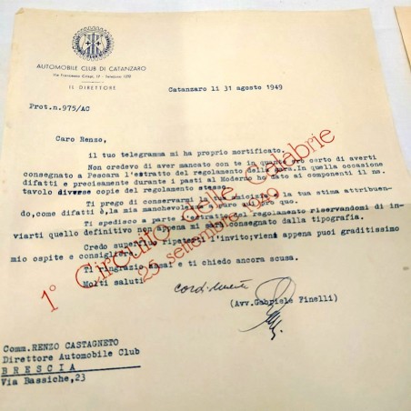 Lotto di due lettere AUTOMOBILE CLUB CATANZARO Circuito Calabrie 1949
