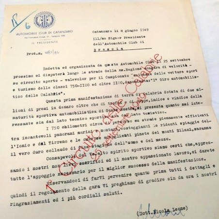 Lotto di due lettere AUTOMOBILE CLUB CATANZARO Circuito Calabrie 1949