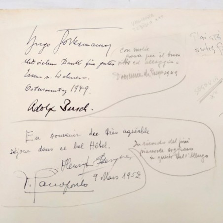 Foglio con 4 autografi musicisti SEGOVIA BUSCH FISCHER + altro 1949-1952