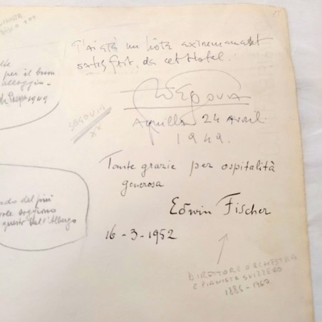 Foglio con 4 autografi musicisti SEGOVIA BUSCH FISCHER + altro 1949-1952