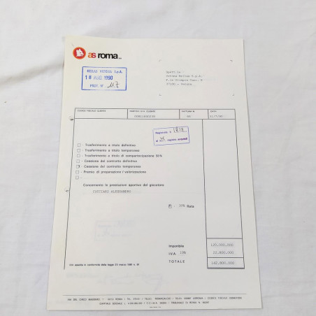 Lotto di 4 fatture AS ROMA per la cessione giocatore CUCCIARI ALESSANDRO 1990