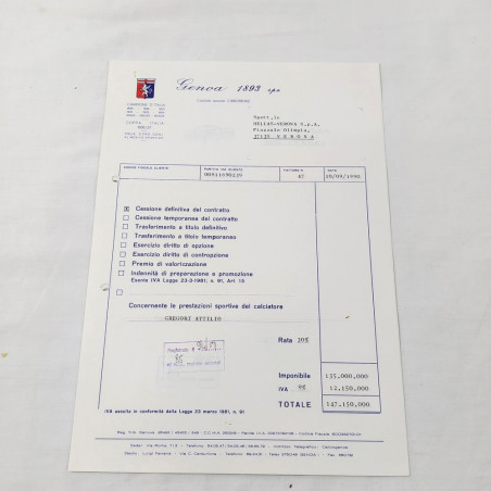 Lotto di 3 fatture GENOA 1893 per cessione giocatore GREGORI ATTILIO 1990