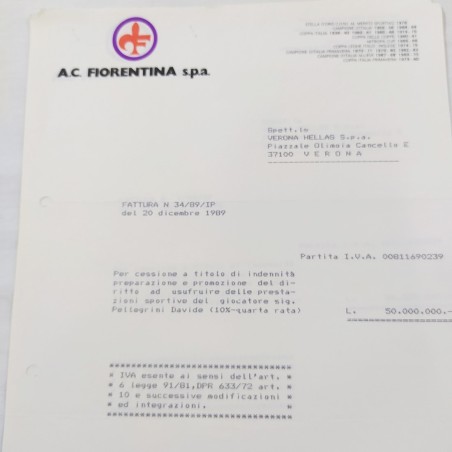 Lotto di 7 fatture A.C. FIORENTINA spa 1990