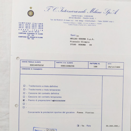 Lotto di 4 fatture F.C. INTERNAZIONALE MILANO spa INTER CALCIO 1989/1990