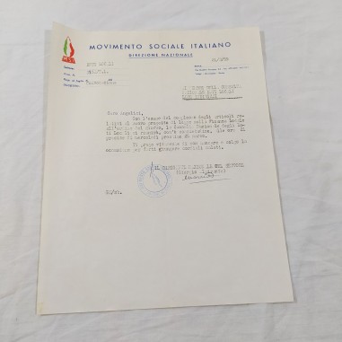 Lettera MSI Direzione Nazionale a firma autografa ALMIRANTE