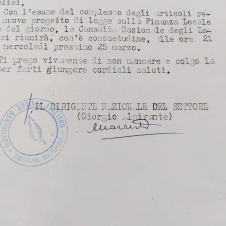 Lettera MSI Direzione Nazionale a firma autografa ALMIRANTE