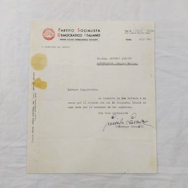 Lettera Partito Socialista Italiano 1963 con firma autografa Giuseppe Saragat