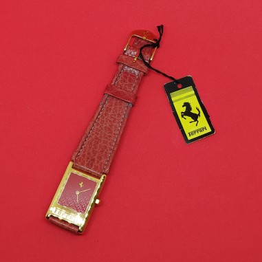 NOS Orologio polso uomo FERRARI '90 rettangolare cassa dorata cinturino rosso