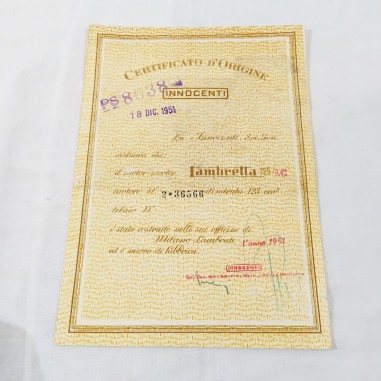 INNOCENTI Certificato d'origine LAMBRETTA 125 LC 18/12/1951