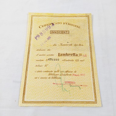 INNOCENTI Certificato d'origine LAMBRETTA 125 LC 15/12/1951