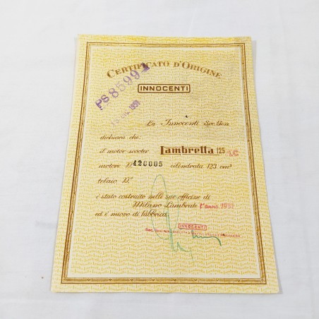 INNOCENTI Certificato d'origine LAMBRETTA 125 LC 15/12/1951