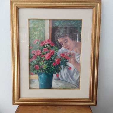 Albina Baseggio, olio su tela donna con vaso di fiori