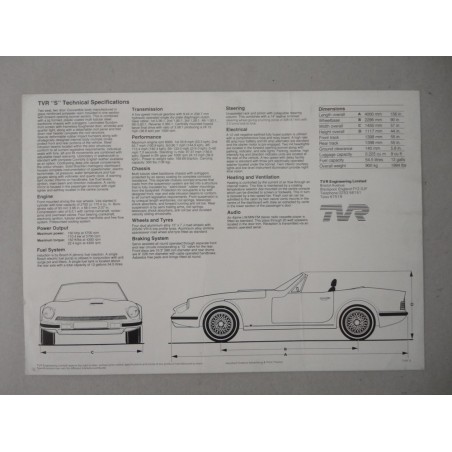 TVR S CONVERTIBLE BROCHURE AUTO INGLESE CARTONCINO SINGOLO - PIEGHE
