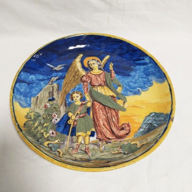 Piatto ceramica centro Italia fine 800 decorato policromo con angelo
