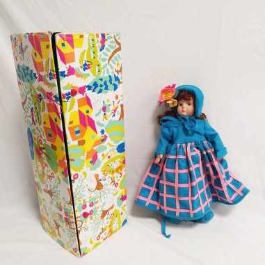 Lenci, bambola di panno vestito blu e rosa, completa di scatola h. 36 cm