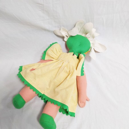 Bambola di panno Lenci con vestito giallo e capelli bianchi, h. 42 cm