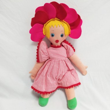 Bambola di panno Lenci con rosa e capelli magenta, h. 45 cm