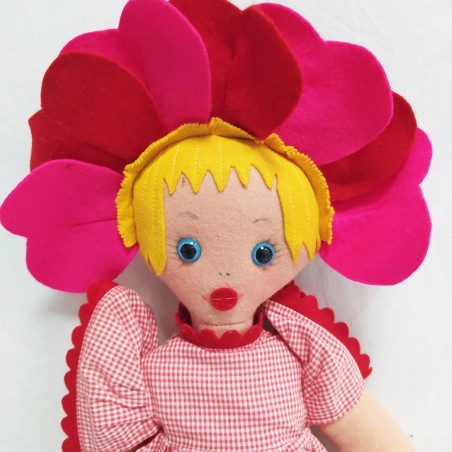 Bambola di panno Lenci con rosa e capelli magenta, h. 45 cm